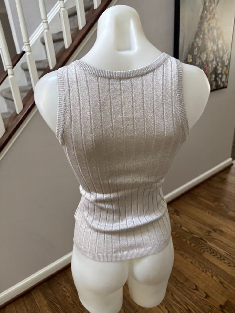 BRUNELLO CUCINELLI Silk Lurex Metallic Grey Wide Rib Scoop Neck Tank Top XS - Picture 4 of 4